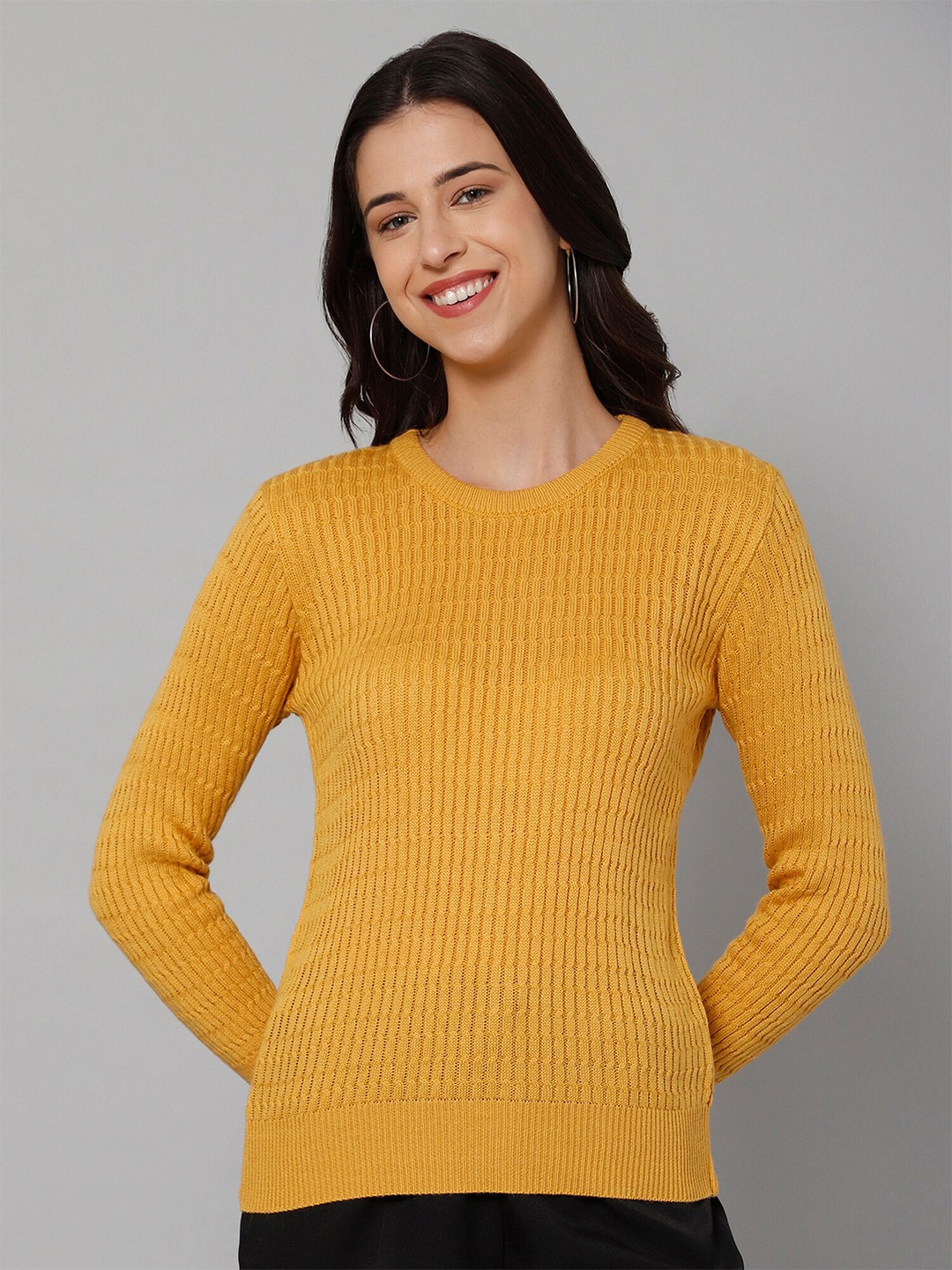 

Cantabil Women Mustard Ribbed Wool Pullover
