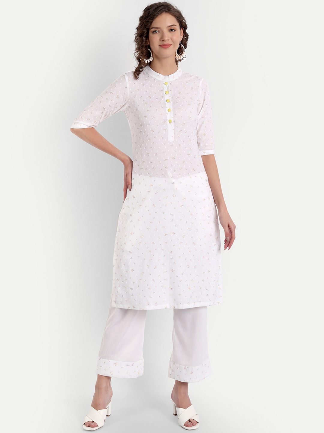 

PARASSIO CLOTHINGS Women White Floral Printed Pure Cotton Kurta with Palazzos