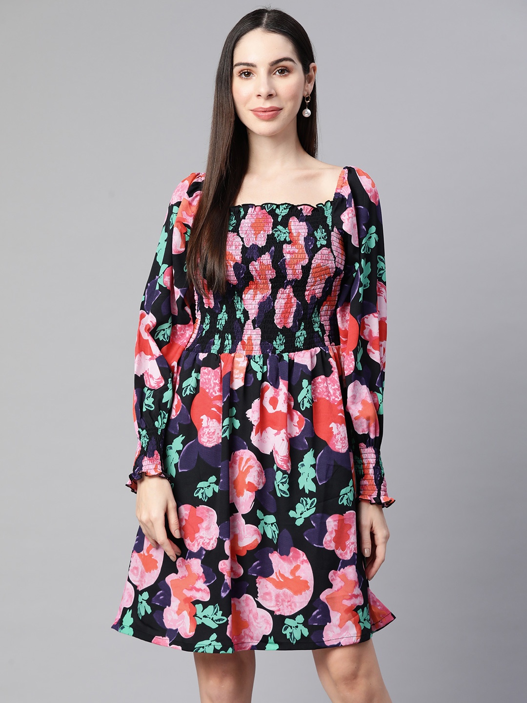 

plusS Black Smocked Floral Printed Dress