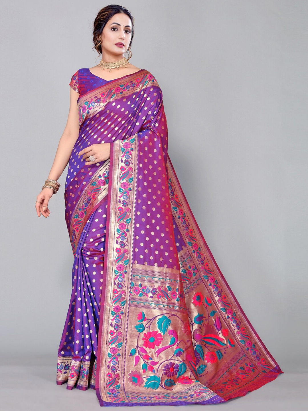 

Satrani Purple & Gold-Toned Floral Zari Paithani Saree