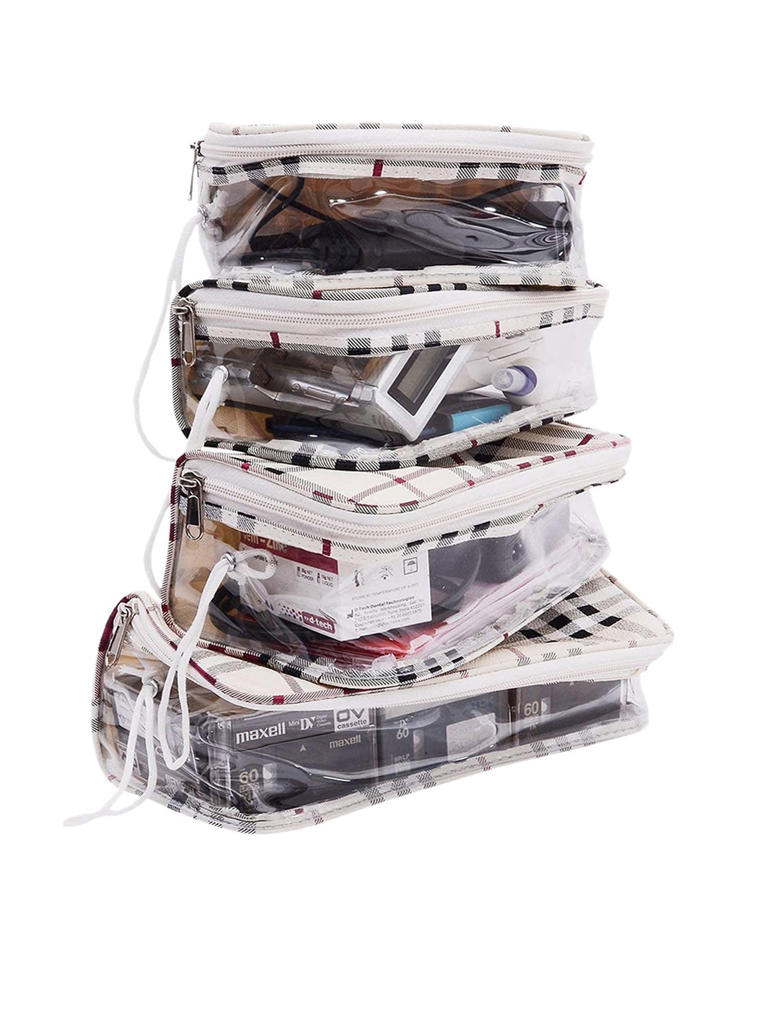 

Kuber Industries Pack of 4 White Checks Travel Toiletry Organiser