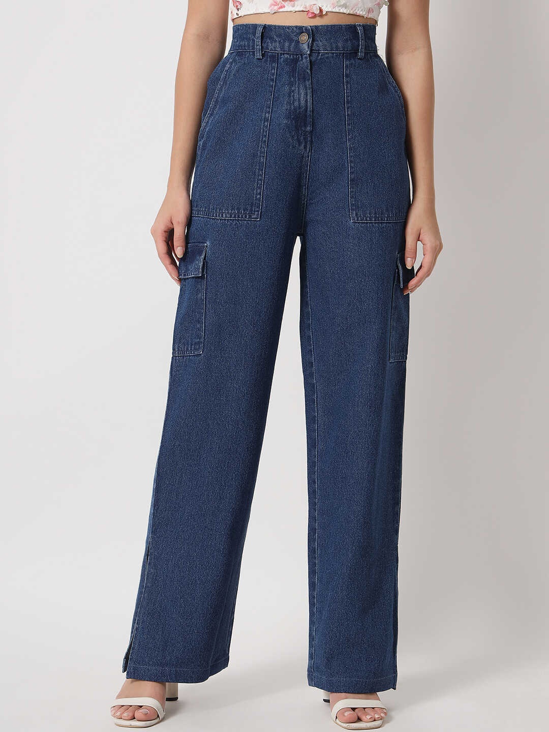 

Orchid Hues Women Blue Flared High-Rise Cargo Cotton Jeans