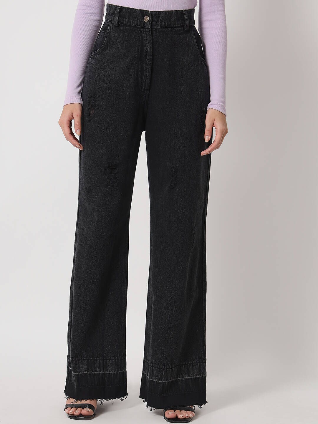 

Orchid Blues Women Black Flared High-Rise Mildly Distressed Cotton Jeans