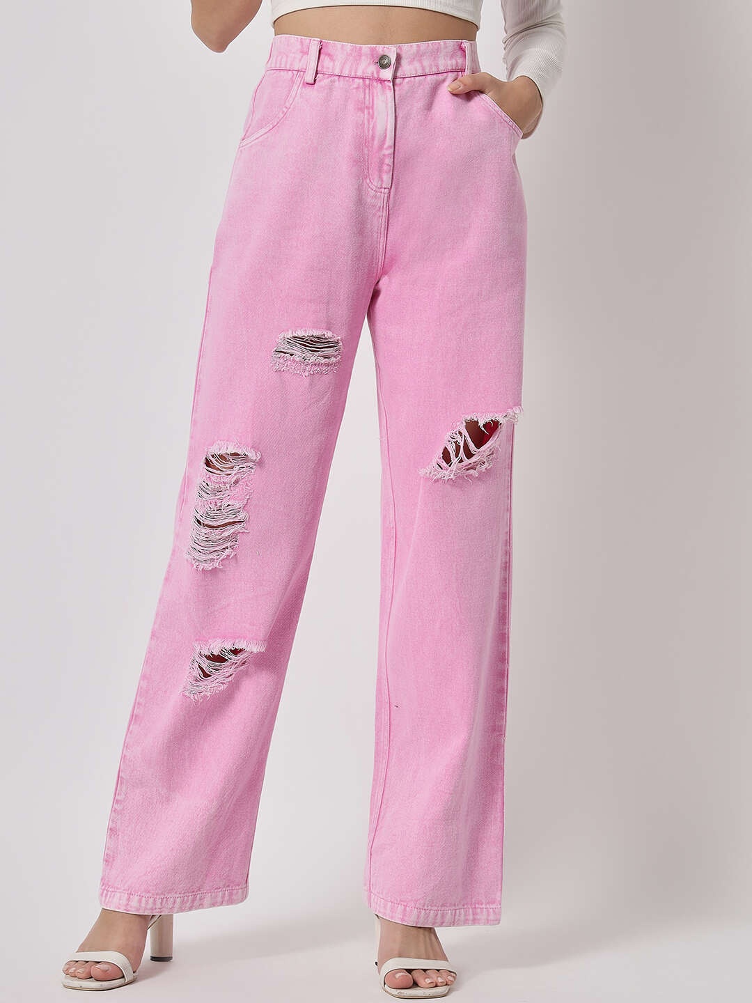 

Orchid Blues Women Lavender Flared High-Rise Slash Knee Cotton Jeans