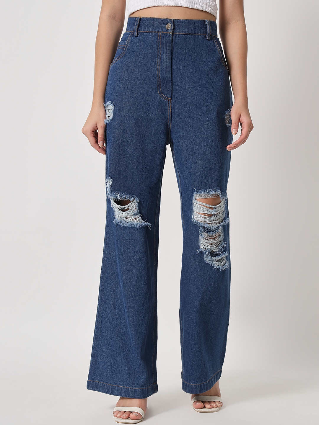 

Orchid Blues Women Blue Flared High-Rise Highly Distressed Cotton Jeans