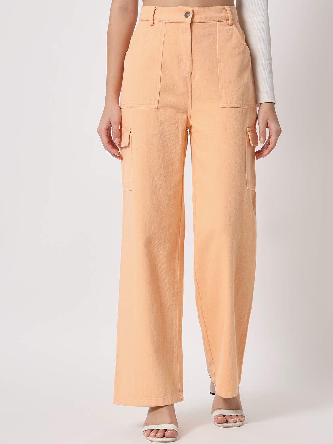 

Orchid Blues Women Peach-Coloured Flared High-Rise Cotton Jeans