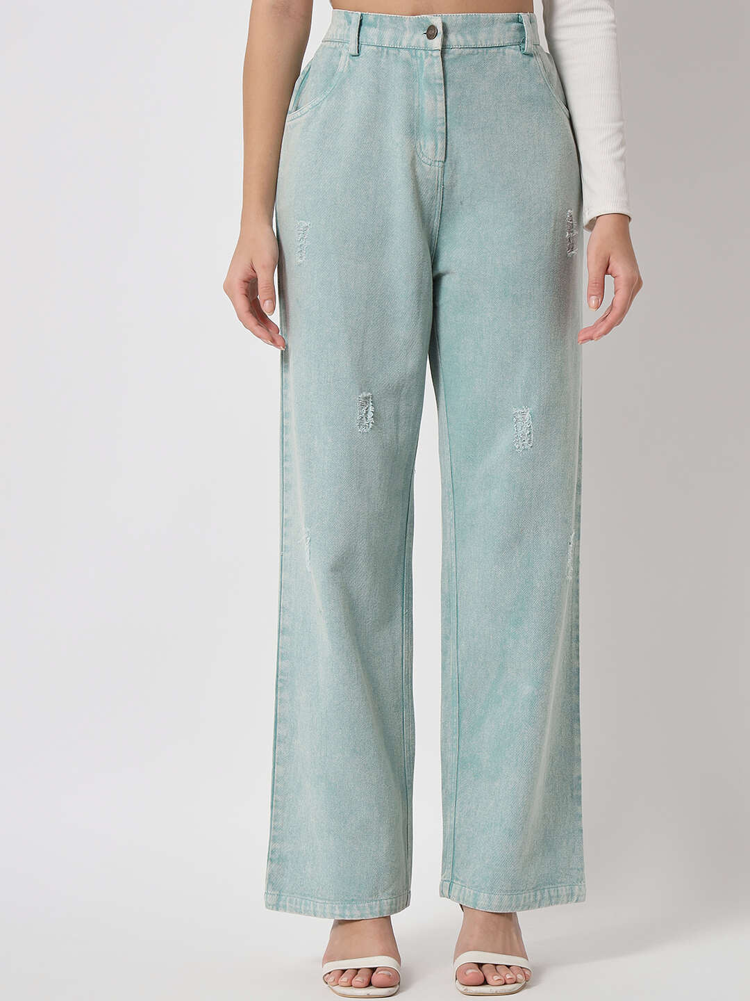 

Orchid Blues Women Sea Green Flared High-Rise Low Distress Heavy Fade Cotton Jeans