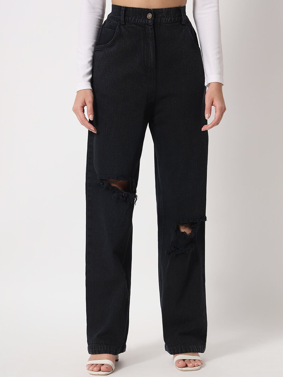 

Orchid Blues Women Black Flared High-Rise Mildly Distressed Cotton Jeans