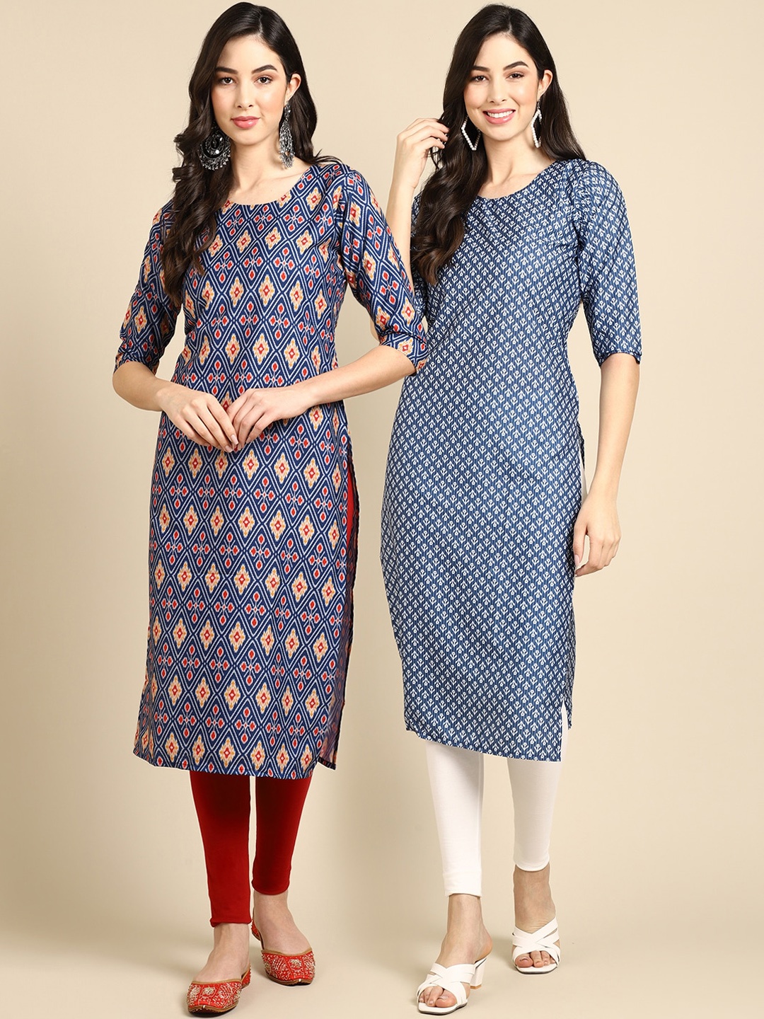 

Ethnic basket Women Pack Of 2 Blue Floral Printed Block Print Crepe Kurta