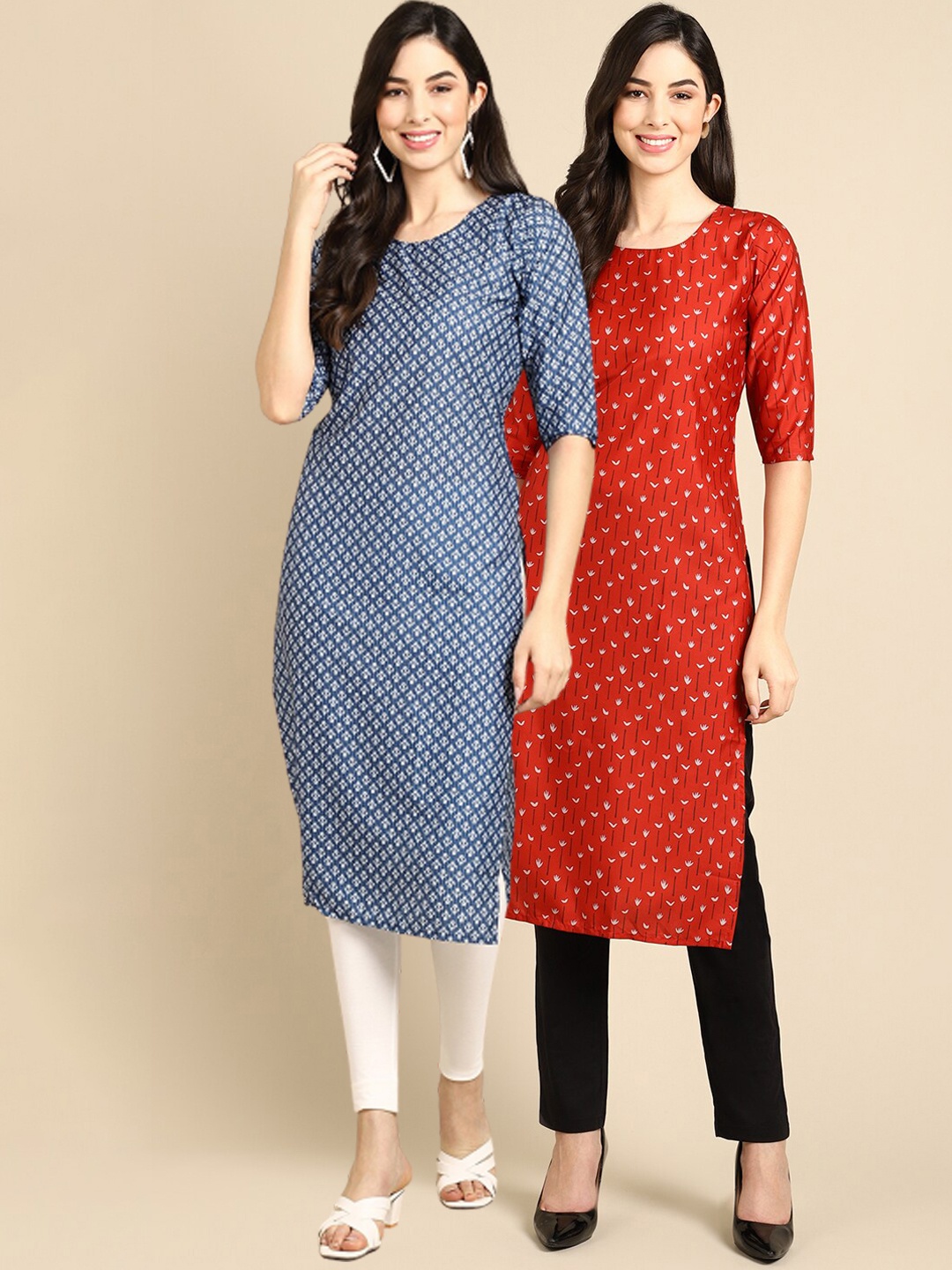 

Ethnic basket Women Pack Of 2 Blue & Red Floral Printed Block Print Crepe Kurta