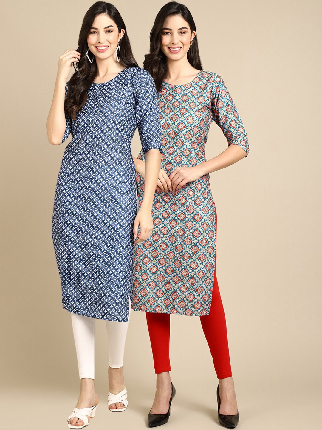 

Ethnic basket Women Pack Of 2 Blue & Grey Ethnic Motifs Printed Block Print Crepe Kurta