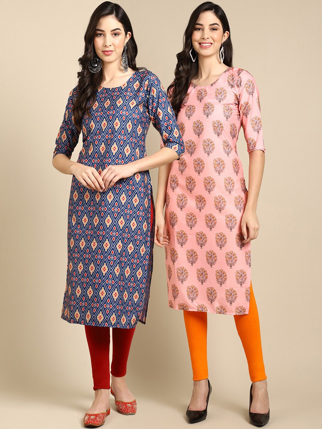 Ethnic basket Women Pack Of 2 Blue & Peach-Coloured Floral Printed Block Print Crepe Kurta