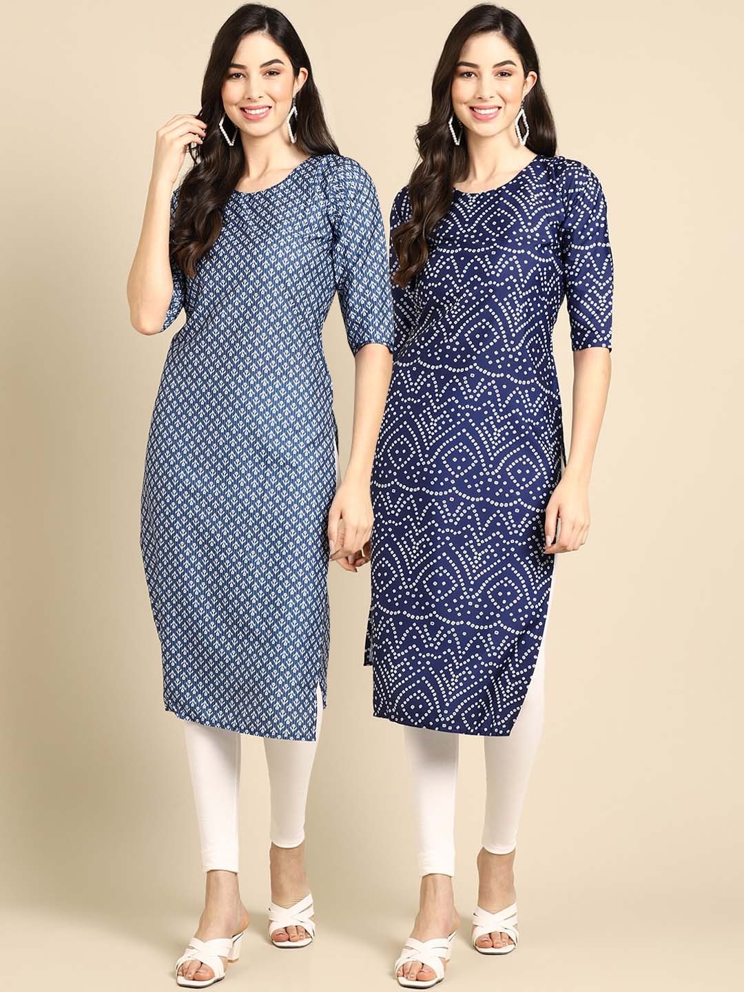 

Ethnic basket Women Pack of 2 Ethnic Motifs Printed Crepe Kurta, Navy blue