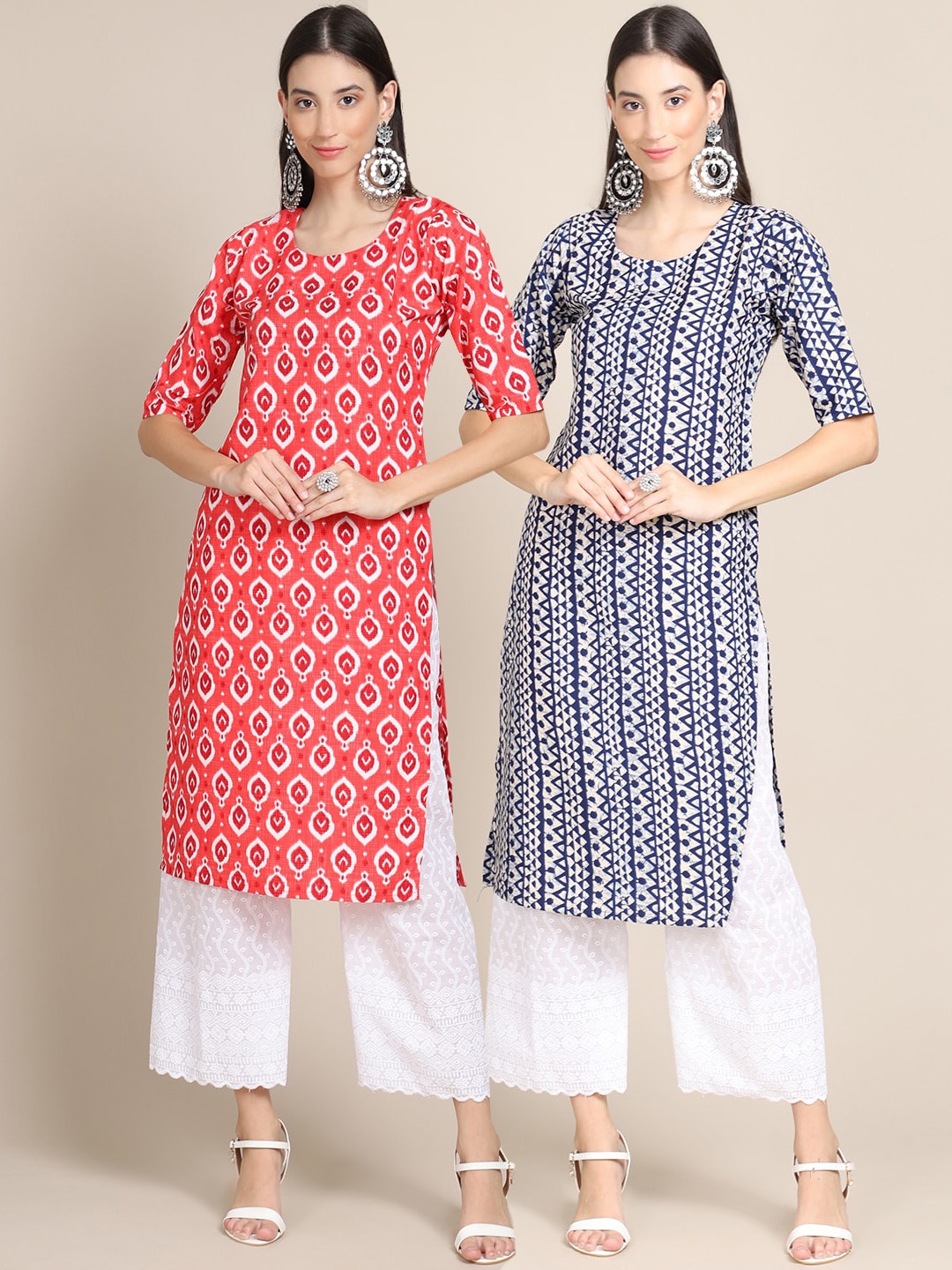 

Ethnic basket Women Pack of 2 Block Print Crepe Kurta, Coral
