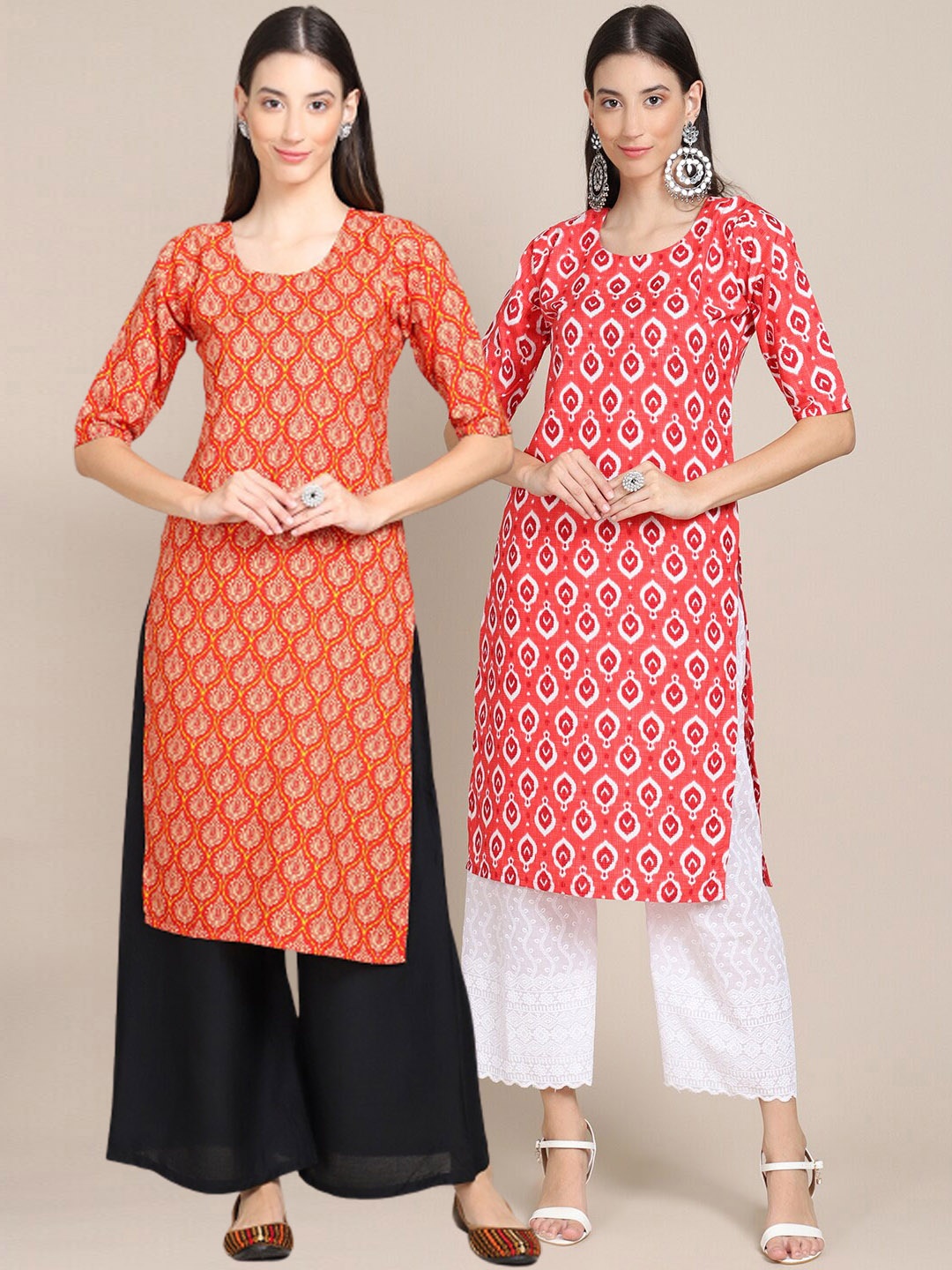 

Ethnic basket Women Pack of 2 Ethnic Motifs Printed Crepe Kurta, Orange