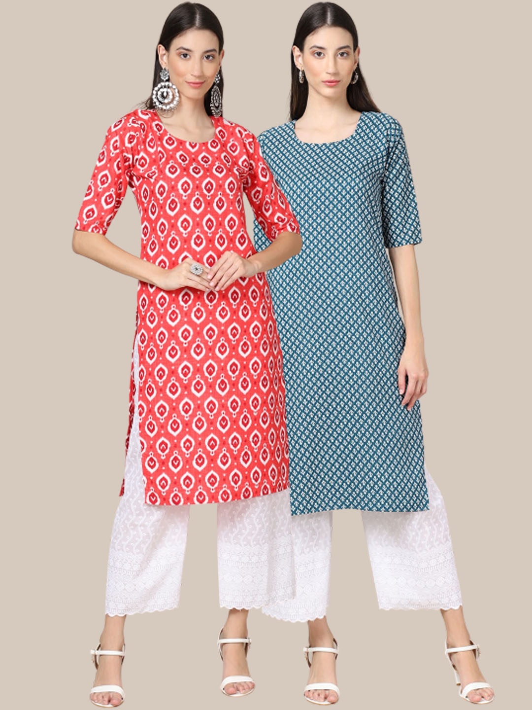 

Ethnic basket Women Pack of 2 Ethnic Motifs Printed Crepe Kurta, Coral