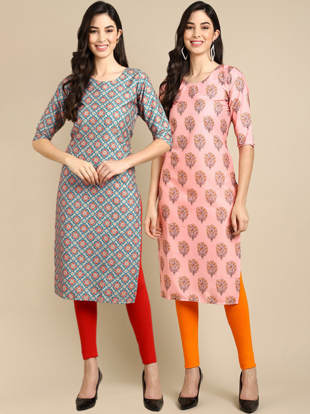 

Ethnic basket Women Pack of 2 Ethnic Motifs Printed Crepe Kurta, Pink