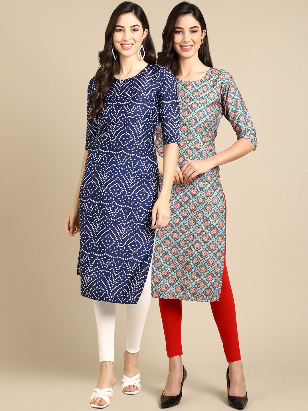 

Ethnic basket Women Pack of 2 Ethnic Motifs Printed Crepe Kurta, Navy blue