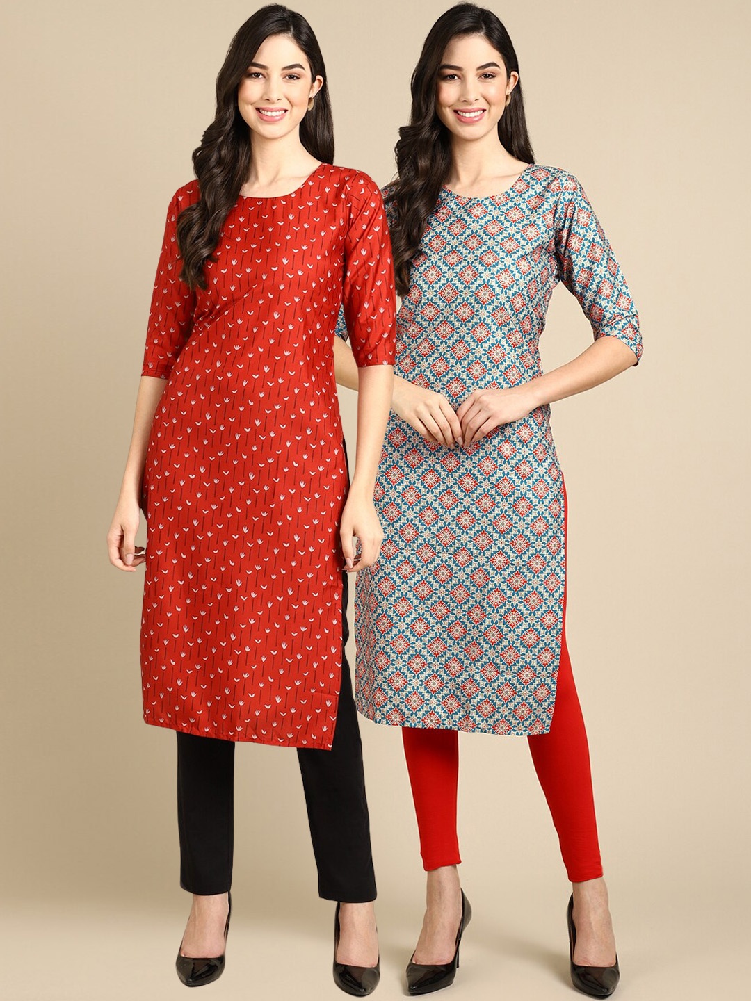 

Ethnic basket Women Pack of 2 Ethnic Motifs Printed Crepe Kurta, Red