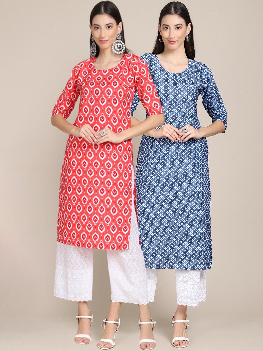 

Ethnic basket Women Pack of 2 Ethnic Motifs Printed Crepe Kurta, Coral