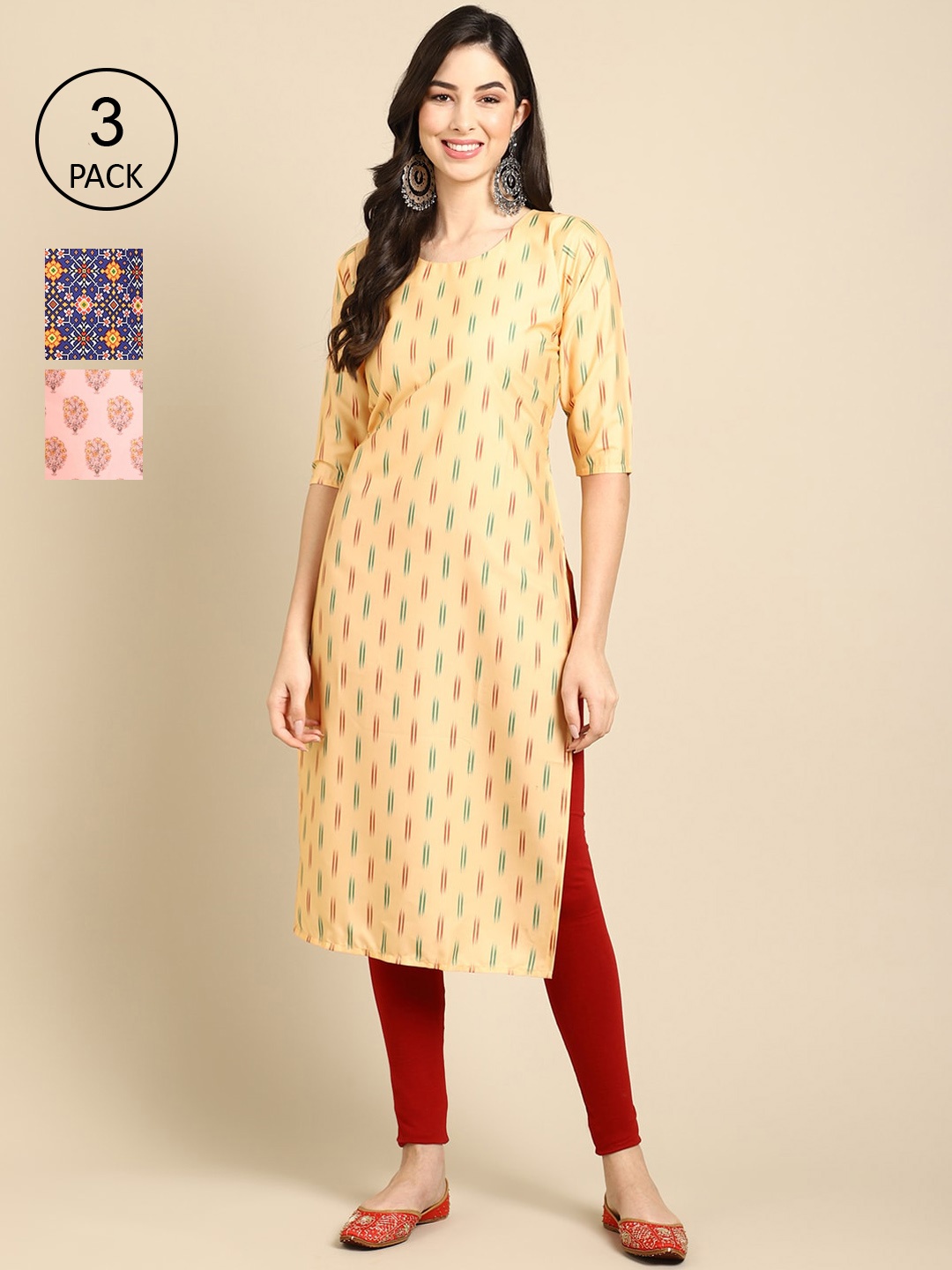 

Ethnic basket Women Pack of 3 Ethnic Motifs Printed Crepe Kurta, Yellow