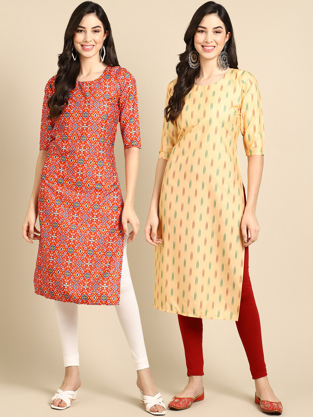 

Ethnic basket Women Pack of 2 Ethnic Motifs Printed Crepe Kurta, Orange