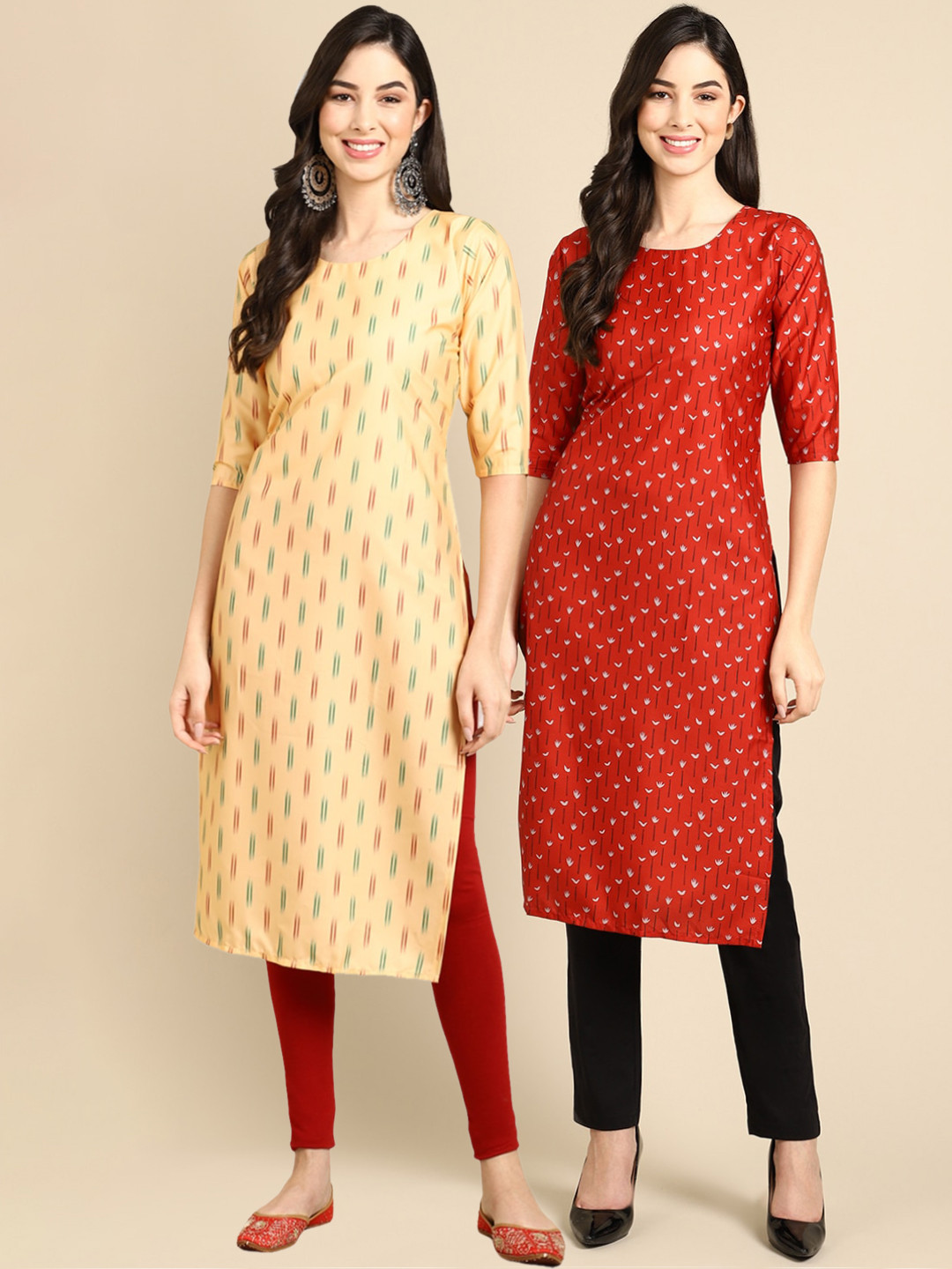 

Ethnic basket Women Red & Gold Printed Block Print Crepe Kurta Pack of 2
