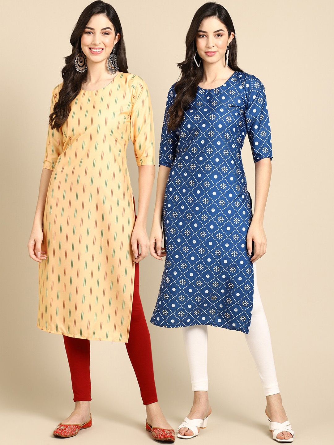 

Ethnic basket Women Blue & Yellow Printed Block Print Crepe Kurta Pack of 2
