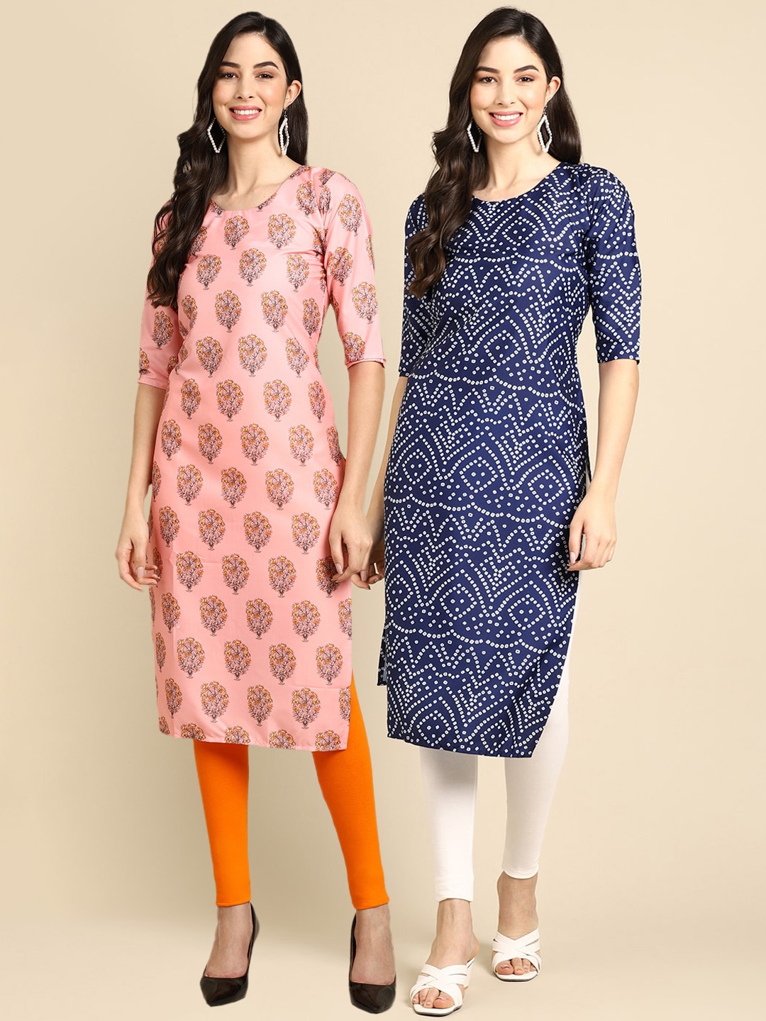 

Ethnic basket Women Pack Of 2 Blue & Peach Printed Crepe Kurtas