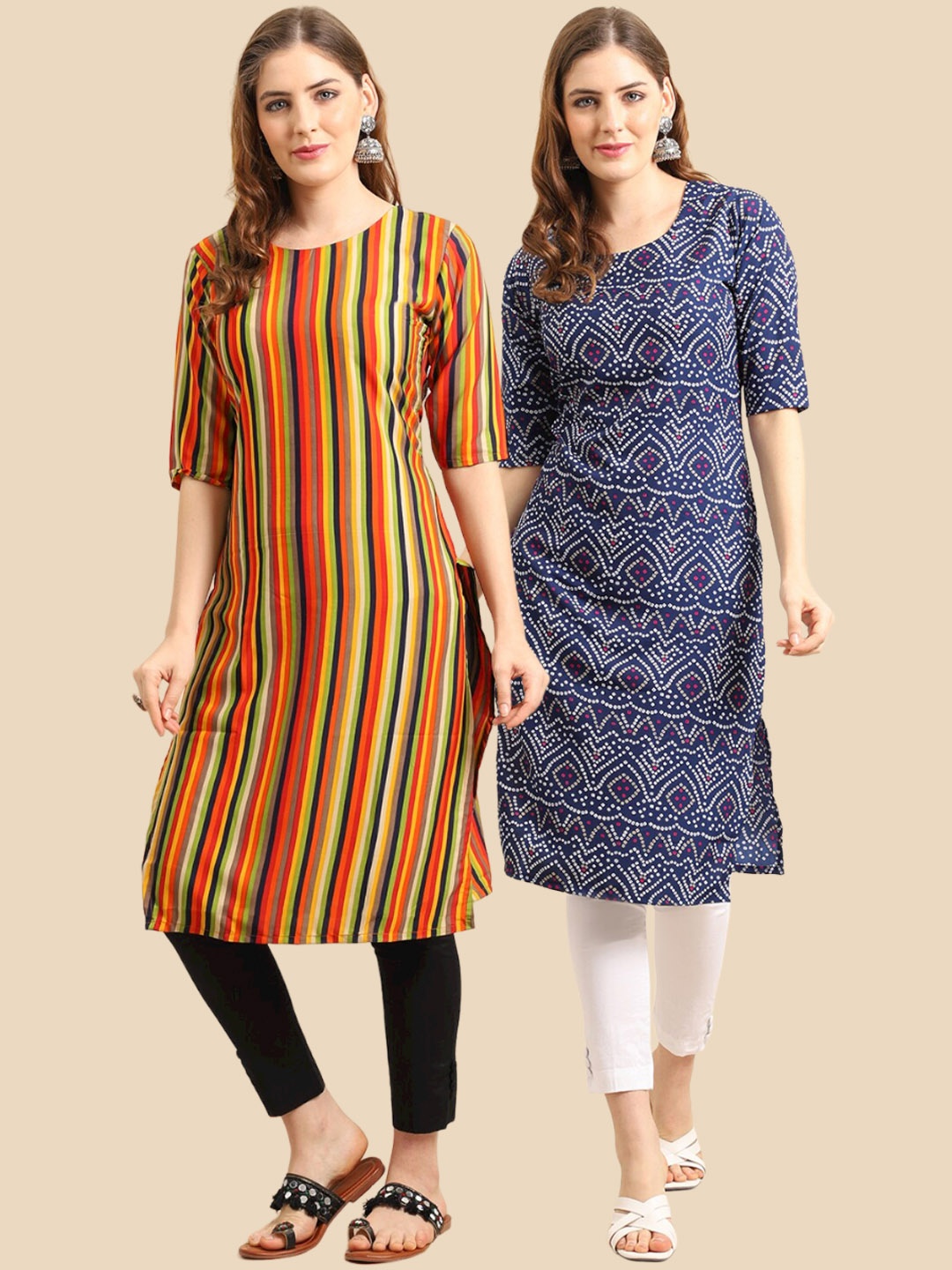 

Ethnic basket Women Blue & Orange Printed Block Print Crepe Kurta Pack Of 2