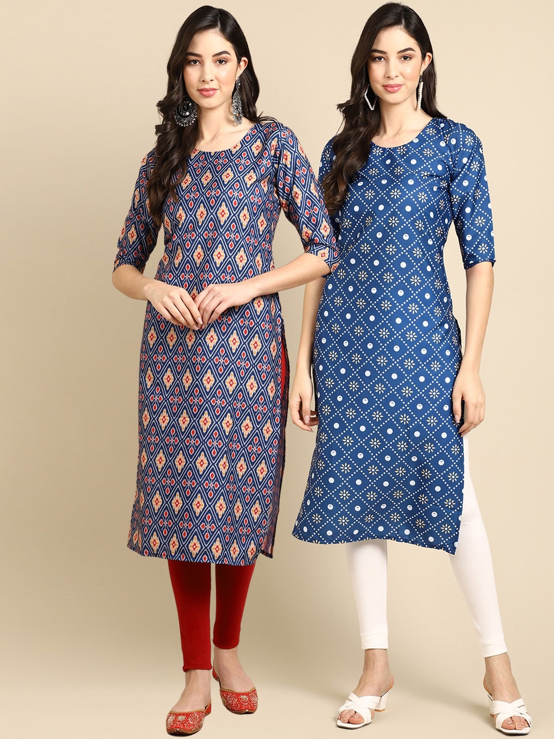 Ethnic basket Women Blue & White Geometric Printed Block Print Crepe Kurta Pack Of 2