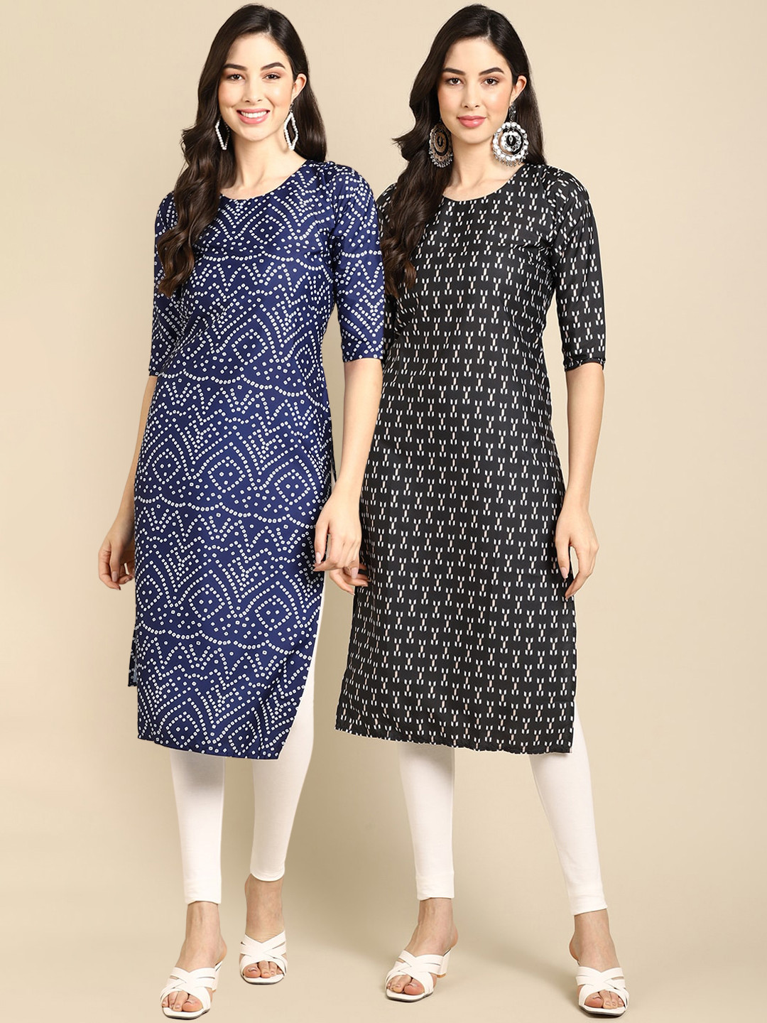 

Ethnic basket Women Black & Blue Geometric Printed Block Print Crepe Kurta Pack Of 2