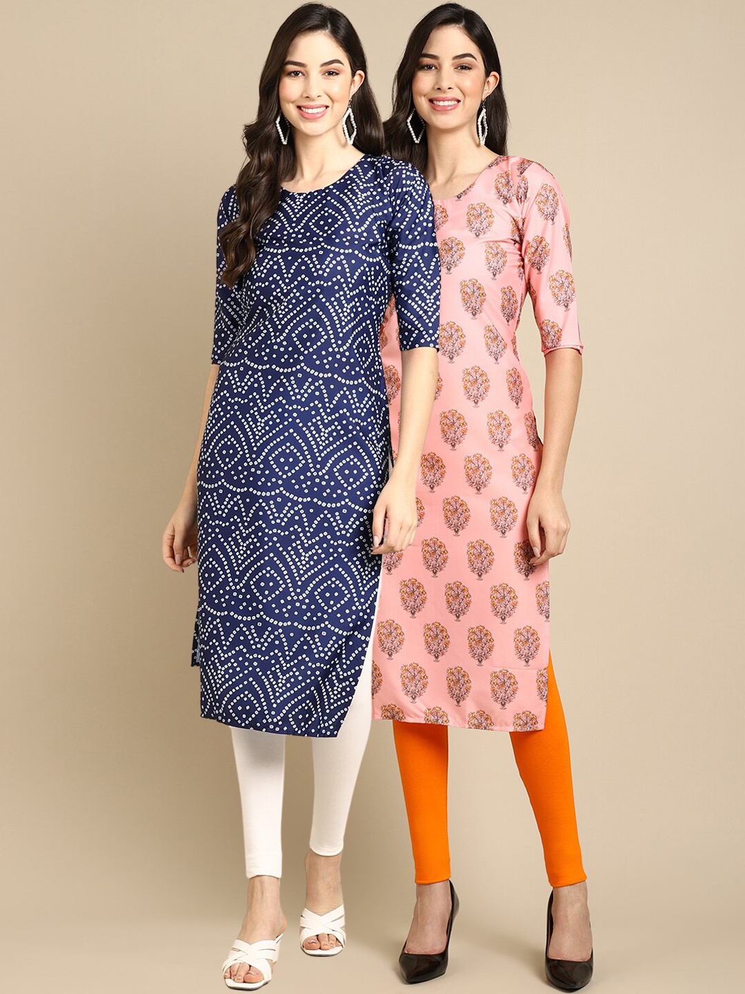 

Ethnic basket Women Pack Of 2 Blue & Peach Printed Crepe Kurtas