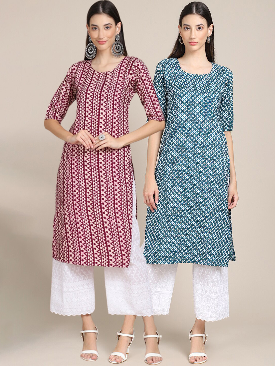 

Ethnic basket Women Maroon & Blue Geometric Printed Block Print Crepe Kurta Pack Of 2