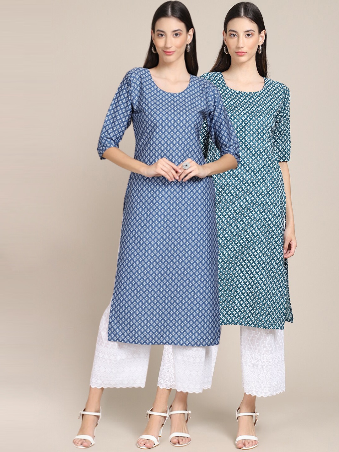 

Ethnic basket Women Blue & Green Geometric Striped Block Print Crepe Kurta Pack Of 2