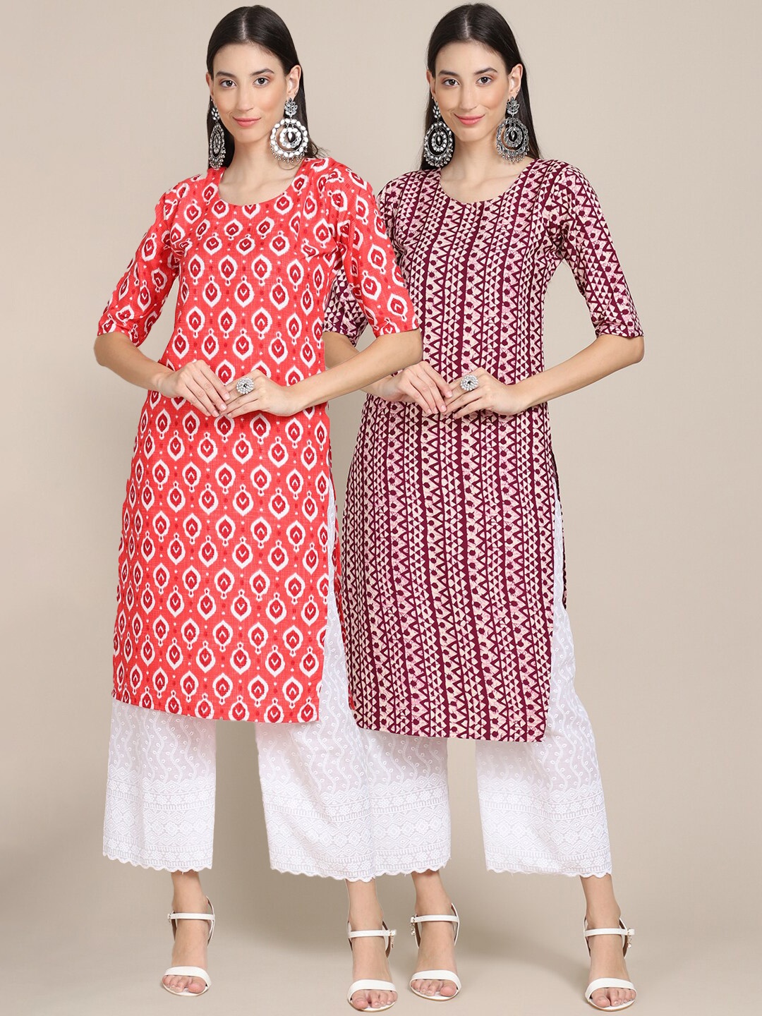 Ethnic basket Women Peach-Coloured & Maroon Geometric Printed Block Print Crepe Kurta