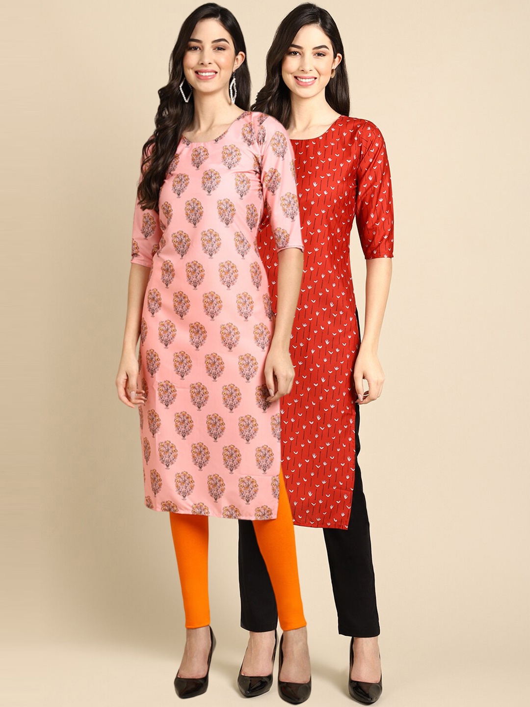 

Ethnic basket Women Pink & Orange Pack of 2 Ethnic Motifs Printed Crepe Kurtas