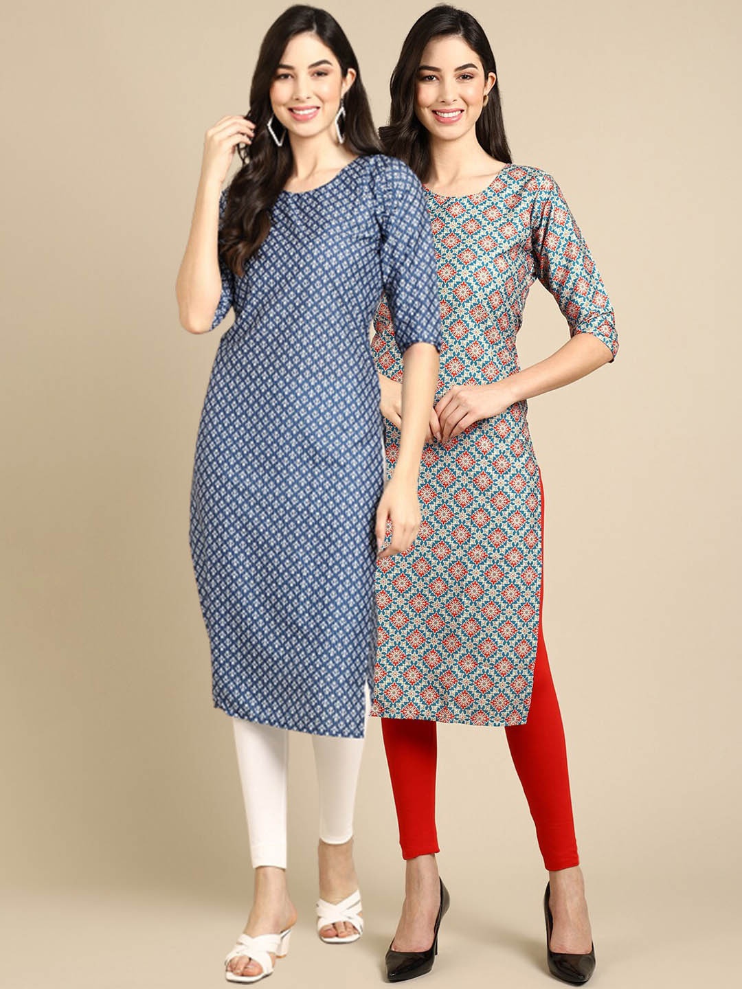 

Ethnic basket Women Blue & Green Pack of 2 Geometric Printed Crepe Kurtas