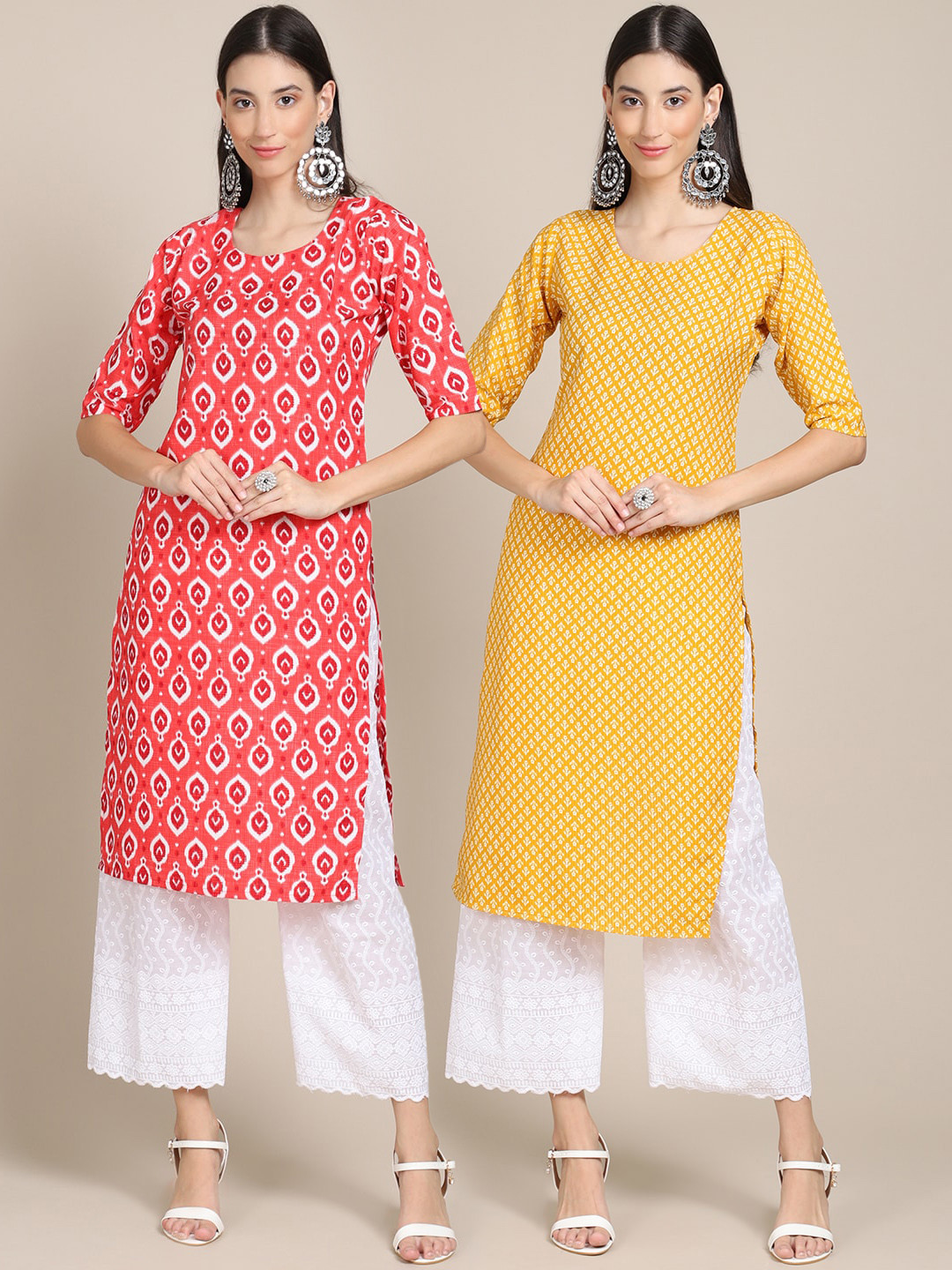 

Ethnic basket Women Pack of 2 Coral & Yellow Printed Crepe Kurtas