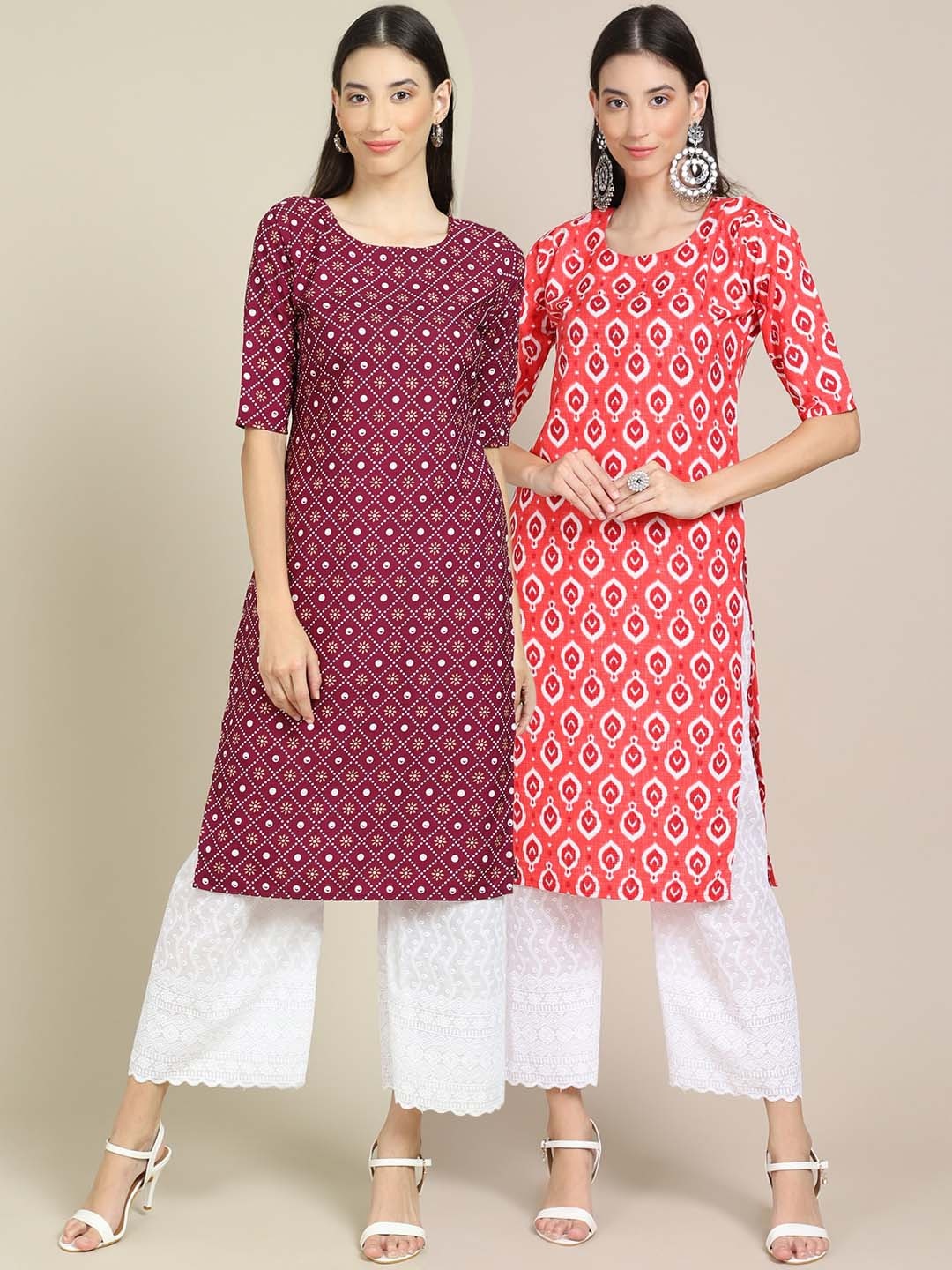 

Ethnic basket Women Pack of 2 Maroon & Coral Printed Crepe Kurtas