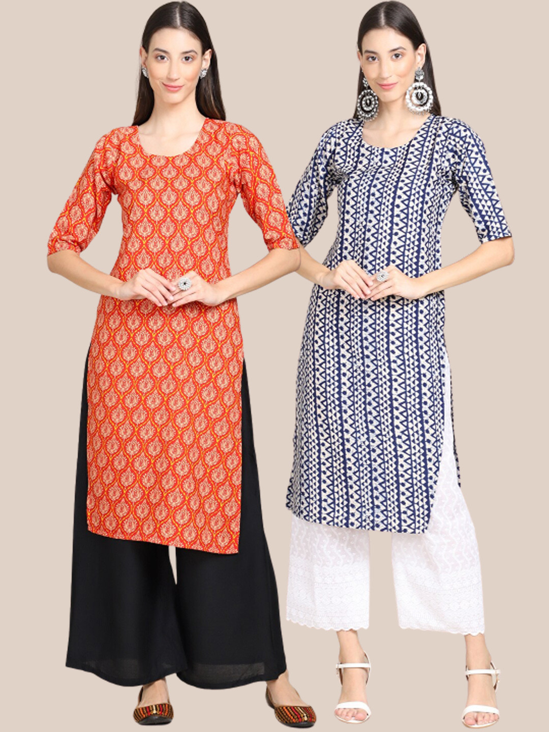 

Ethnic basket Women Pack of 2 Orange & Navy Blue Printed Crepe Kurtas