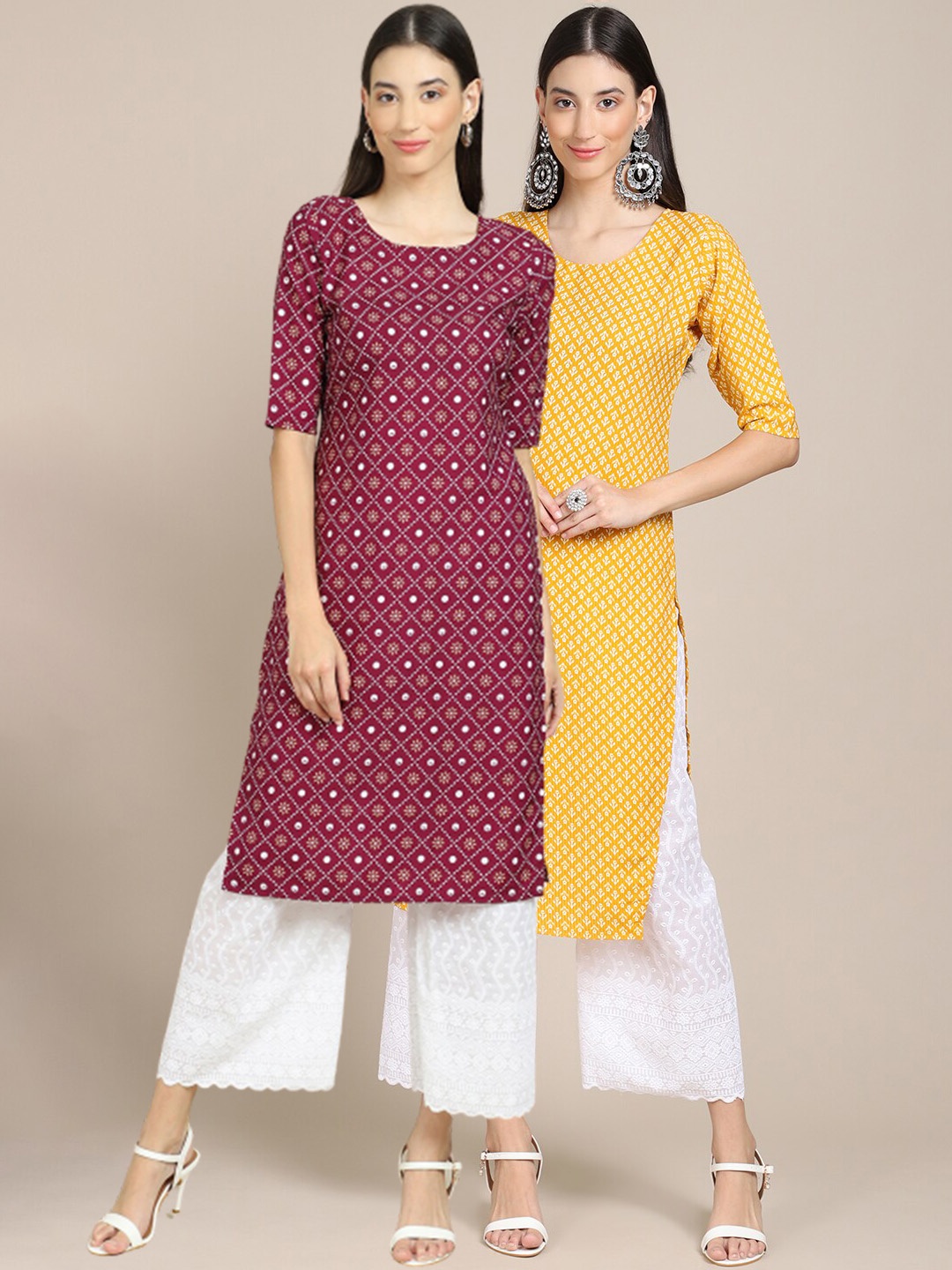 

Ethnic basket Women Pack Of 2 Magenta & Yellow Ethnic Motifs Printed Crepe Kurtas