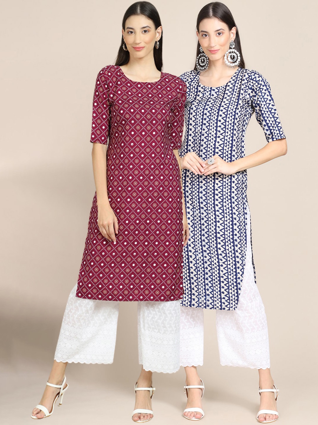 

Ethnic basket Women Pack Of 2 Magenta & Blue Ethnic Motifs Printed Crepe Kurtas