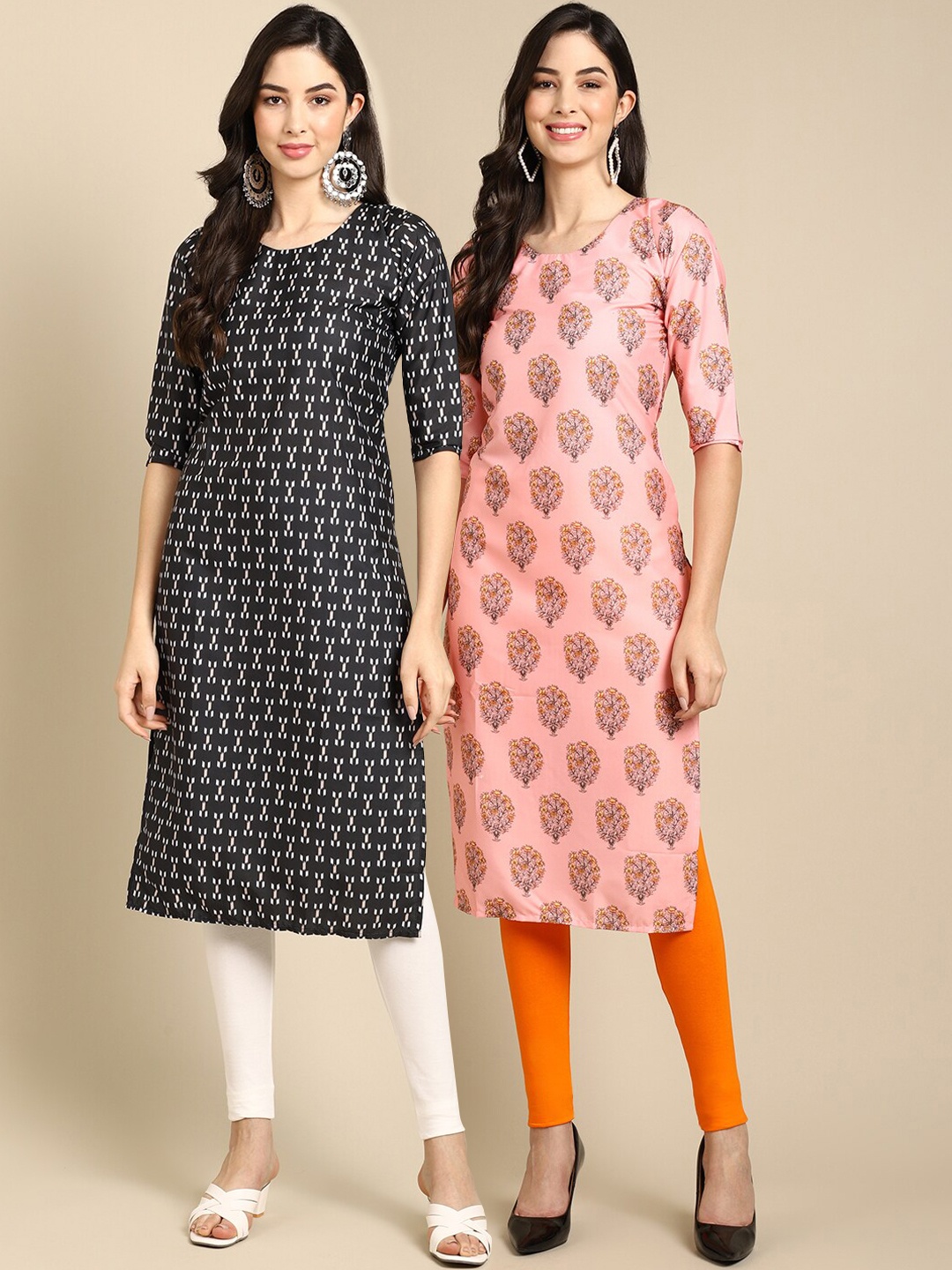 

Ethnic basket Women Pack Of 2 Navy Blue & Pink Ethnic Motifs Printed Crepe Kurtas