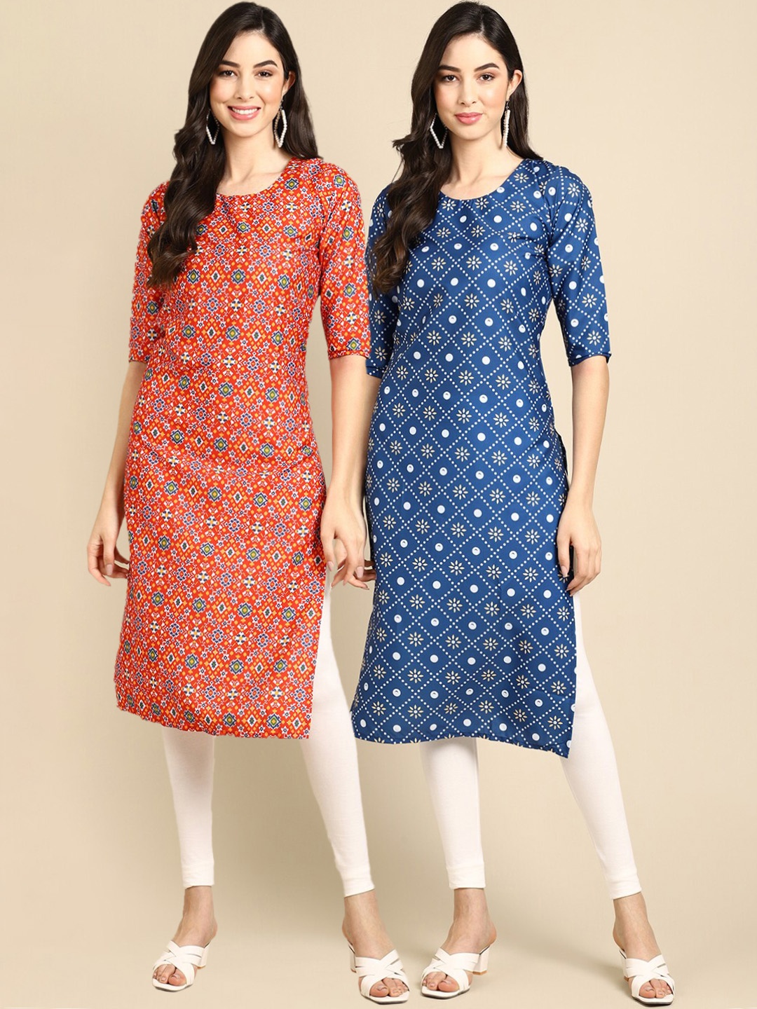 

Ethnic basket Women Pack of 2 Orange & Blue Geometric Printed Crepe Kurta