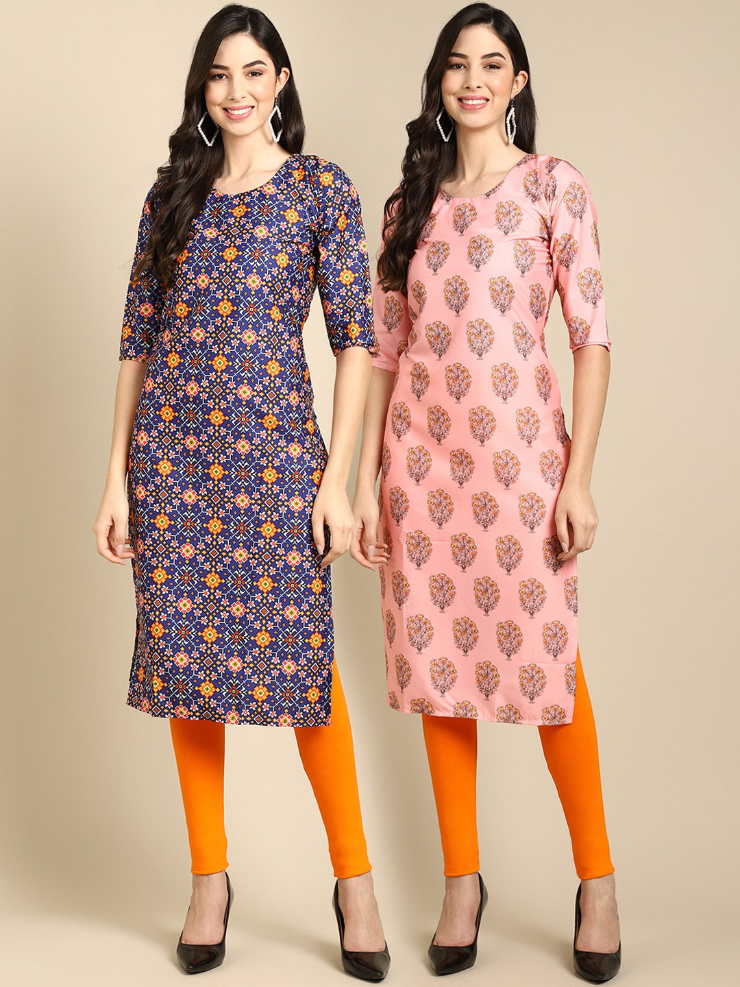 

Ethnic basket Women Pack Of 2 Peach & Navy Blue Printed Crepe Straight Kurta