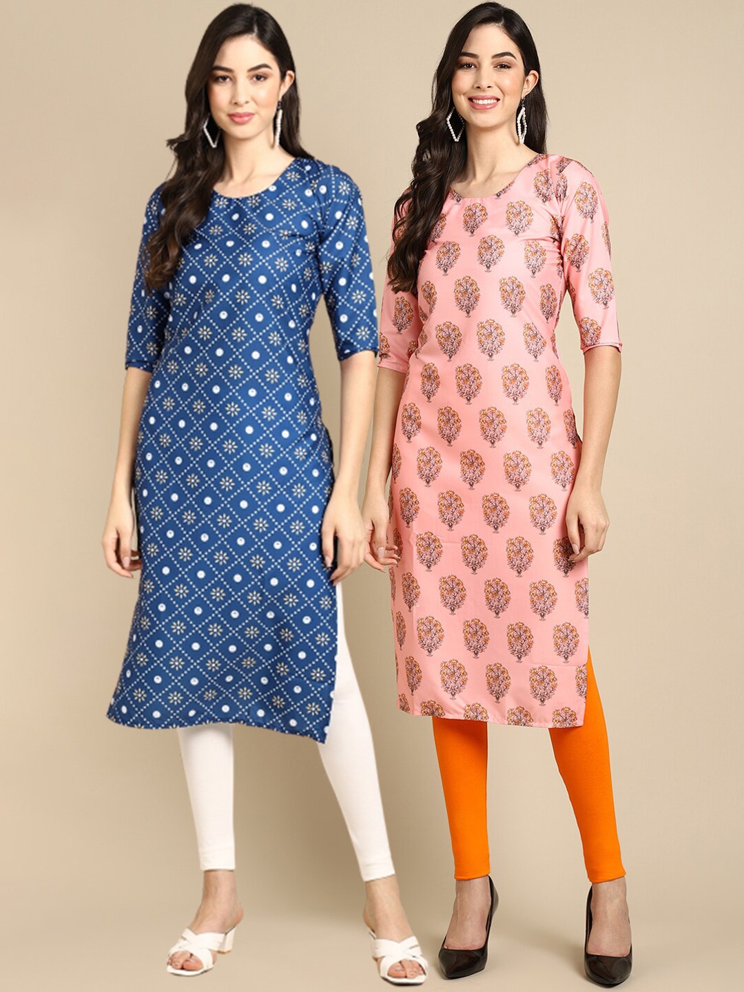 

Ethnic basket Women Pack Of 2 Peach & Black Printed Crepe Straight Kurta