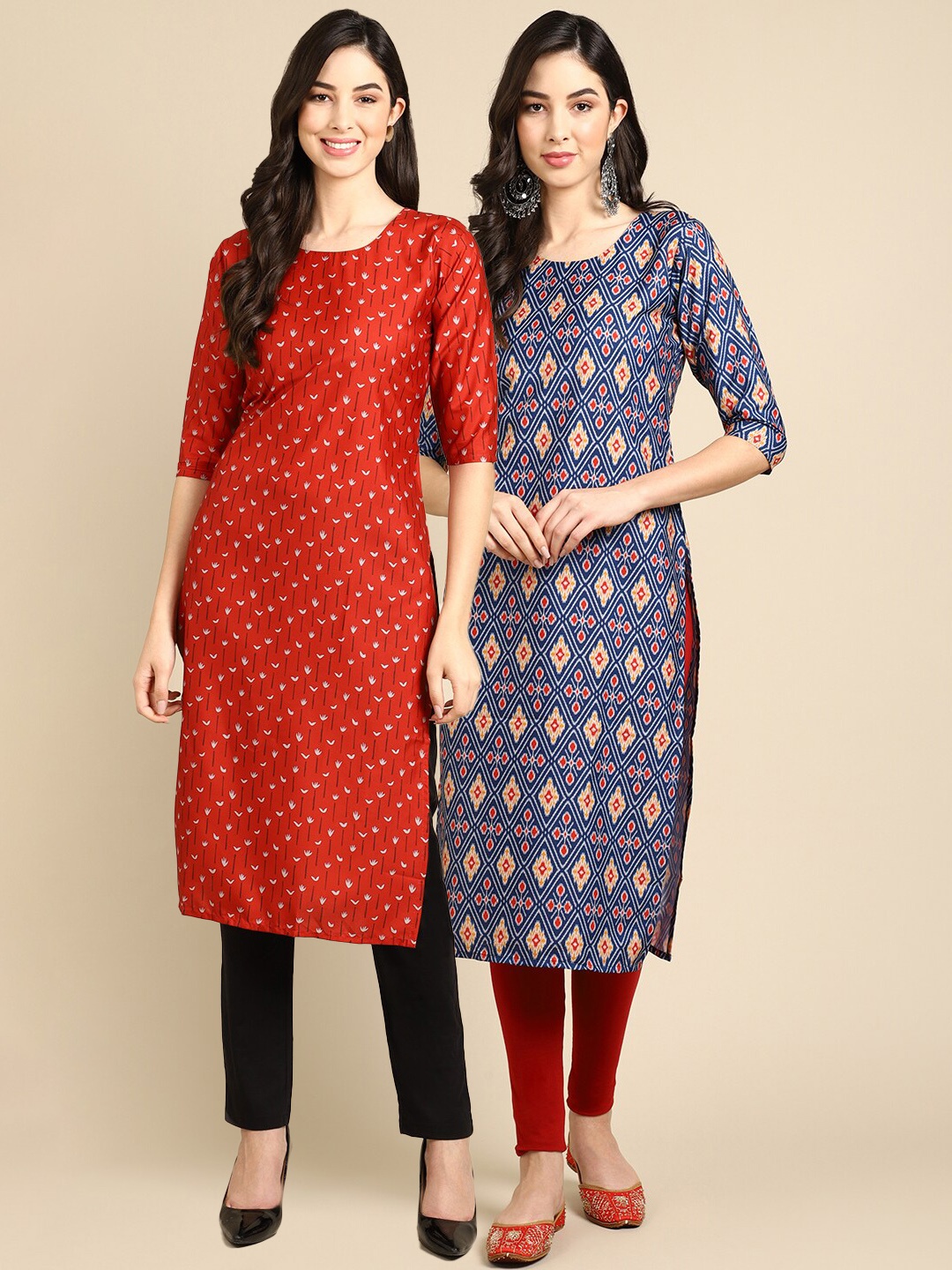 

Ethnic basket Women Red & Blue Pack of 2 Ethnic Motifs Printed Crepe Kurta