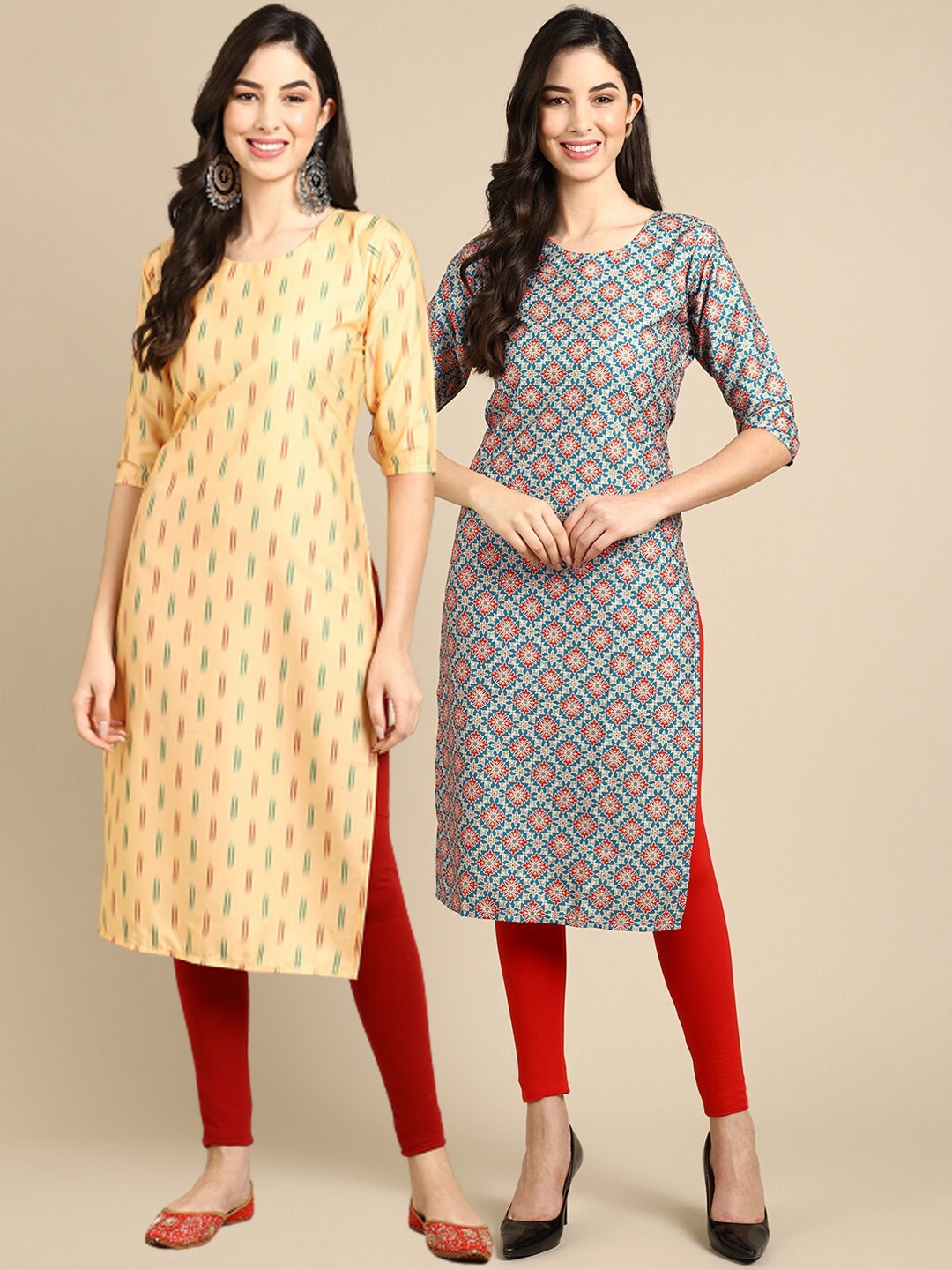 

Ethnic basket Women Yellow & Blue Pack of 2 Floral Printed Crepe Kurta