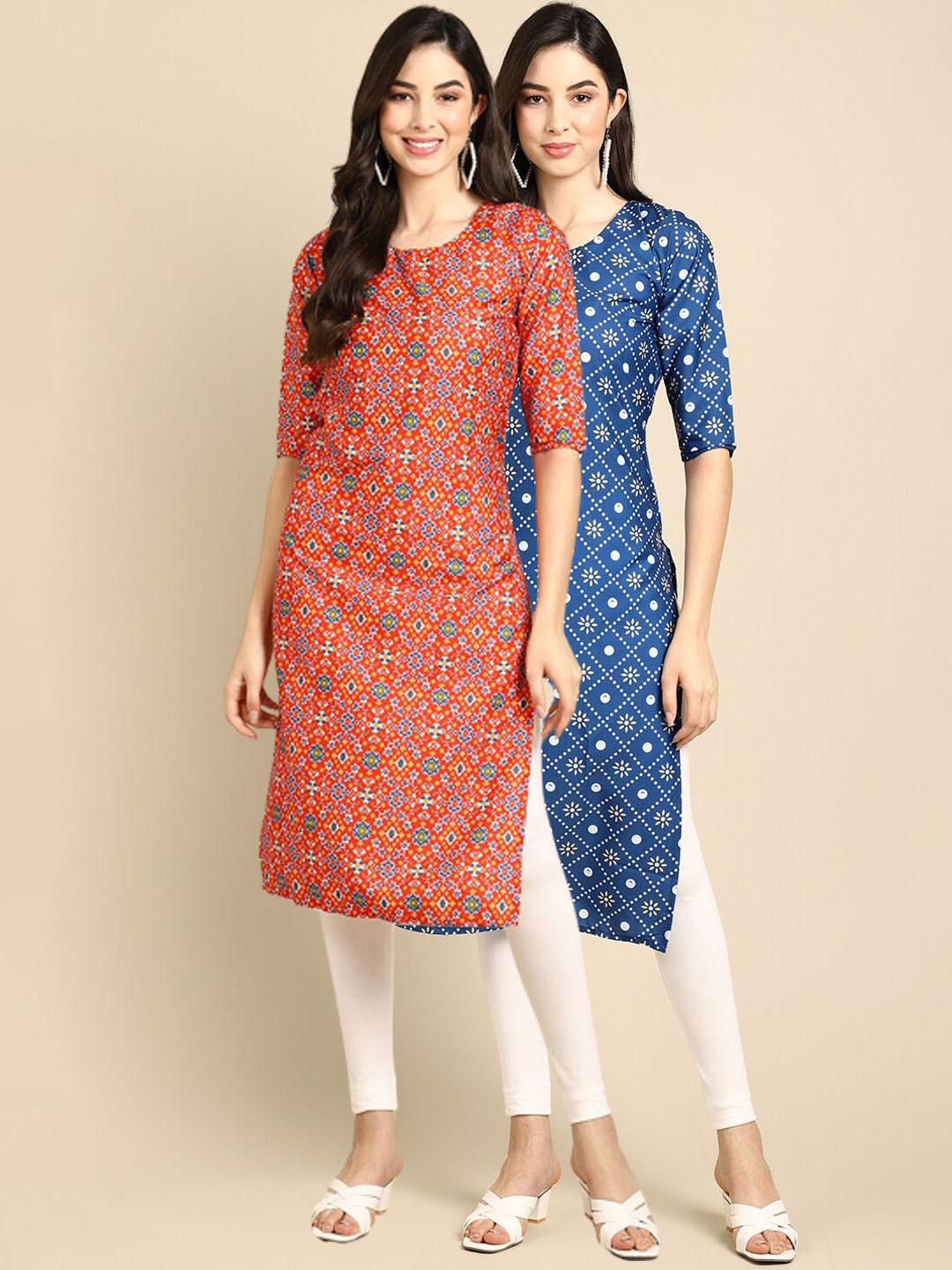 

Ethnic basket Women Pack of 2 Orange & Blue Printed Crepe Straight Kurtas